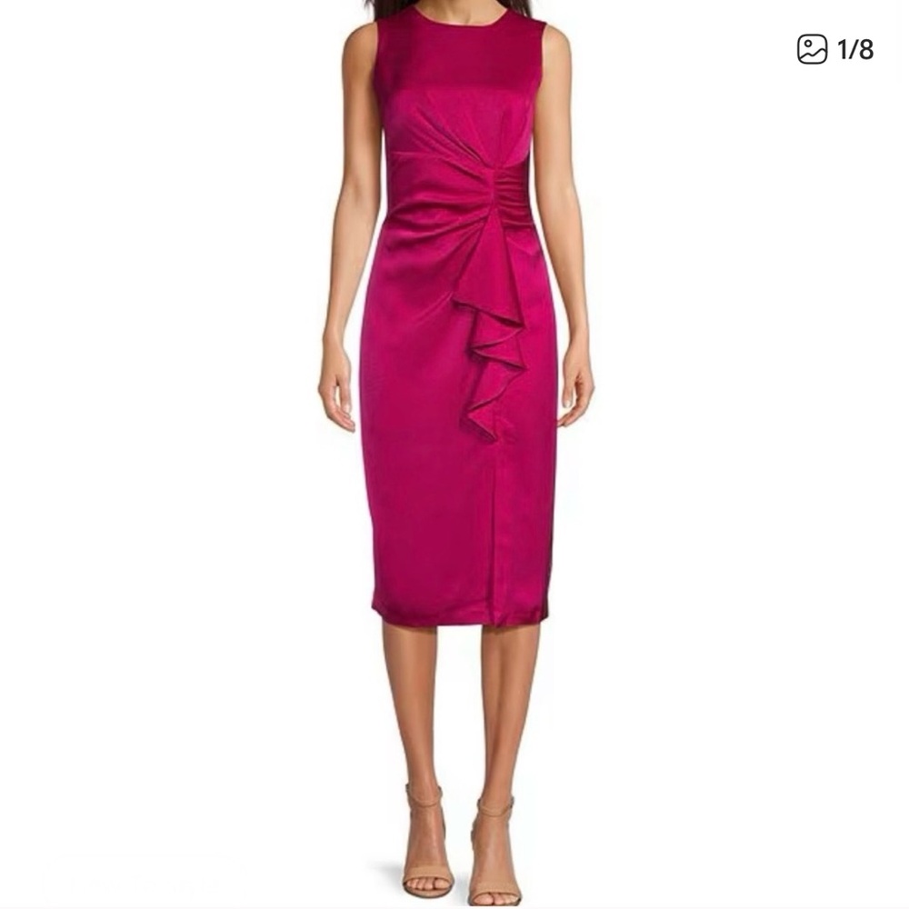 VINCE CAMUTO Satin Tuck Waist Ruffle Midi Dress Pink Size 12